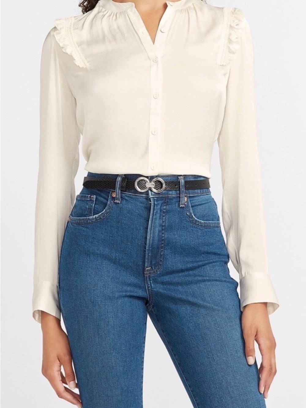 Express Long-Sleeve Button Blouse with Ruffle Shoulders
